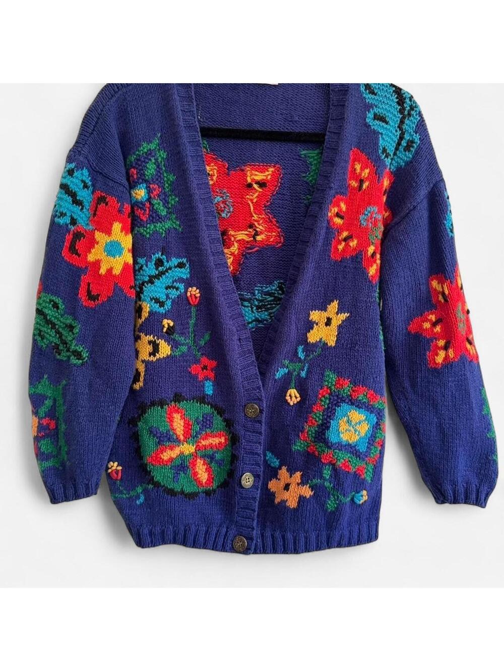 Vintage Hand-Knitted Blue Cardigan with Multicolored Floral and Geometric Design